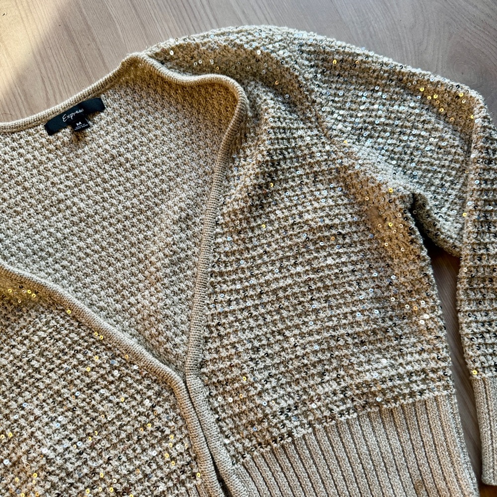 Express Cream Sequin-Embellished Knit Cropped Cardigan